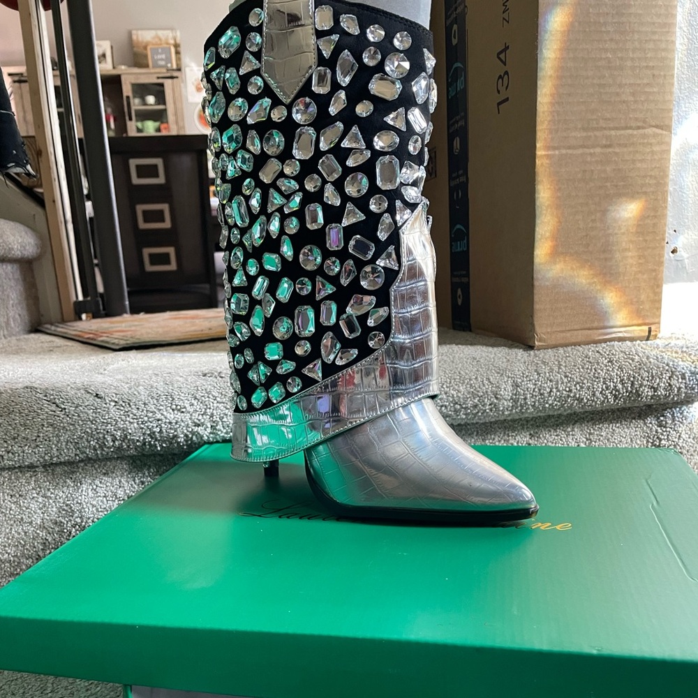 Lauren Lorraine Black and Silver Embellished Heeled Boots